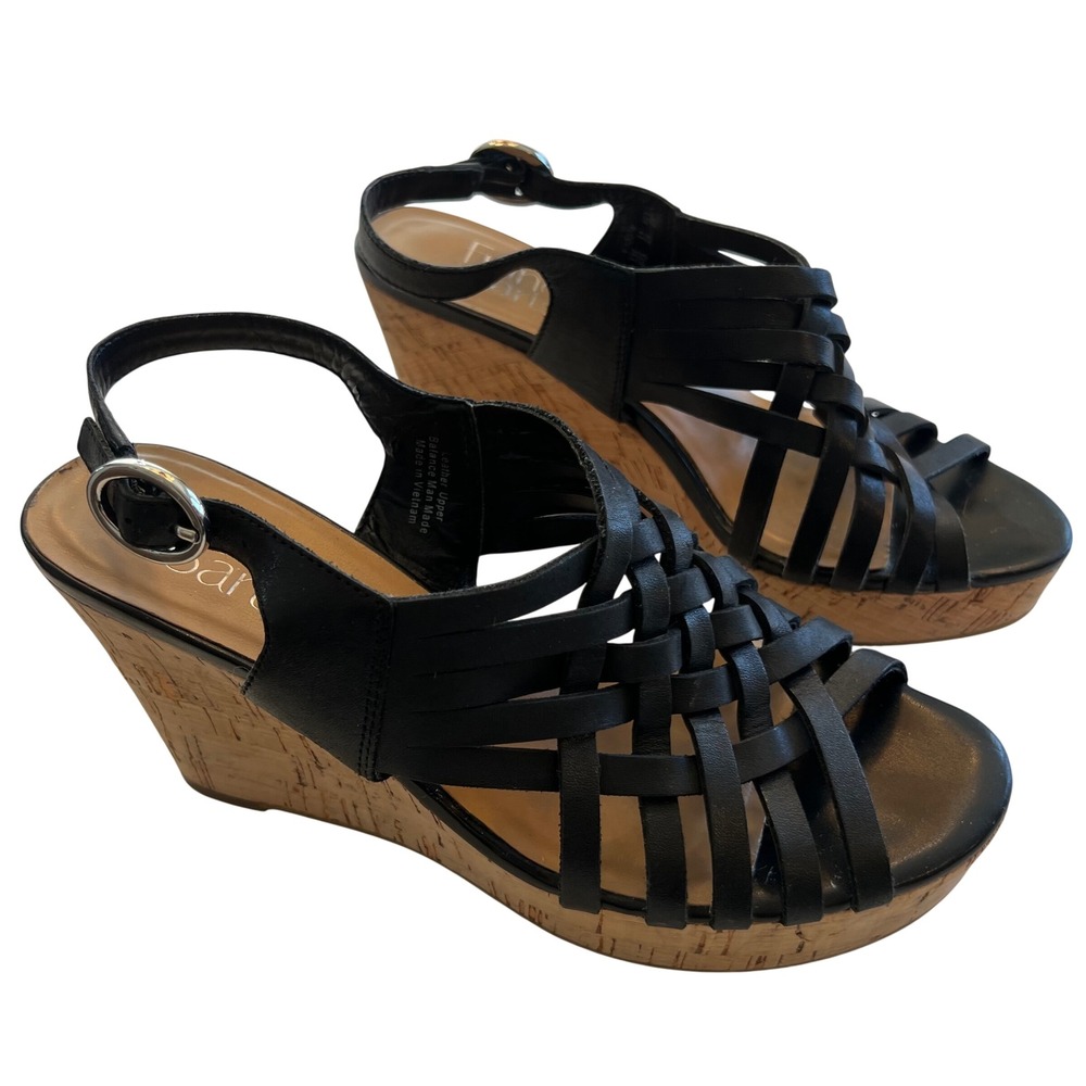 Franco Sarto Nicola Black Leather Cork Wedge Boho Platform Sandals Size 6.5M